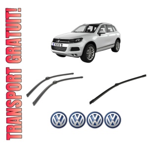 Set 3 stergatoare Volkswagen TOUAREG VAN (7P5) din 2011-2014, pentru parbriz si luneta fata si spate auto, Bosch Aerotwin-Aerotwin, din cauciuc siliconat rezistent, 4 Stickere Auto Volkswagen