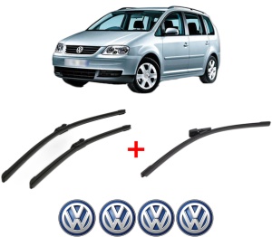 Set 3 stergatoare Volkswagen TOURAN (1T3) din 2010 - 2015, pentru parbriz si luneta fata si spate auto, Bosch Aerotwin, din cauciuc siliconat rezistent, 4 Stickere Auto VW v5879