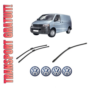 Set 3 stergatoare Volkswagen TRANSPORTER T5 Van (7HA, 7HH, 7EA, 7EH) din 2003-2015, pentru parbriz si luneta fata si spate auto, Bosch Aerotwin-Aerotwin, din cauciuc siliconat rezistent, 4 Stickere Auto Volkswagen