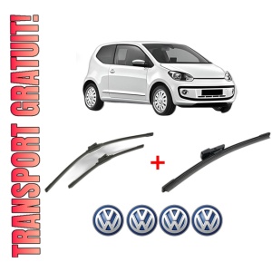 Set 3 stergatoare Volkswagen UP! (121, 122, BL1, BL2, BL3, 123) din 2011 - 2023, pentru parbriz si luneta fata si spate auto, Bosch Aerotwin, din cauciuc siliconat rezistent, 4 Stickere Auto VW