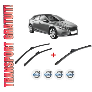 Set 3 stergatoare VOLVO V40 Hatchback (525) din 2012 - 2019, pentru parbriz si luneta fata si spate auto, Bosch Aerotwin, din cauciuc siliconat rezistent, 4 Stickere Auto VOLVO