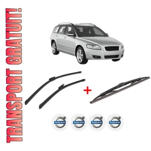 Set 3 stergatoare VOLVO V50 (545) din 2003 - 2012, pentru parbriz si luneta fata si spate auto, Bosch Twin, din cauciuc siliconat rezistent, 4 Stickere Auto VOLVO