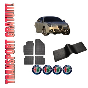 Set 5 covorase auto ALFA ROMEO GIULIETTA Hatchback Van (940_) din 2011-2016, cu covoras tunel median, presuri auto din cauciuc, 4x Stickere auto cu ALFA ROMEO