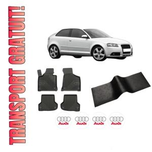 Set 5 covorase auto AUDI A3 (8P1) din 2002-2008, cu covoras tunel median, presuri auto din cauciuc, 4x Stickere auto cu AUDI
