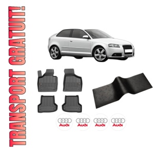 Set 5 covorase auto AUDI A3 (8P1) din 2002-2008, cu covoras tunel median, presuri auto din cauciuc, 4x Stickere auto cu AUDI