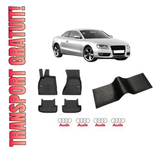 Set 5 covorase auto AUDI A5 (8T3) din 2011-2018, cu covoras tunel median, presuri auto din cauciuc, 4x Stickere auto cu AUDI