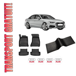 Set 5 covorase auto AUDI A5 Sportback (F5A, F5F) din 2014-2021, cu covoras tunel median, presuri auto din cauciuc, 4x Stickere auto cu AUDI