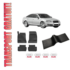 Set 5 covorase auto AUDI A6 C6 (4F2) din 2008-2017, cu covoras tunel median, presuri auto din cauciuc, 4x Stickere auto cu AUDI