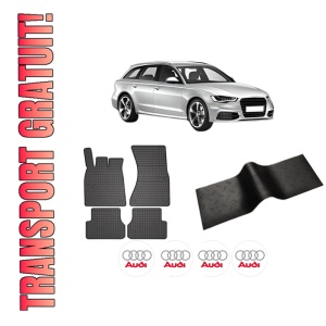 Set 5 covorase auto AUDI A6 C7 Avant (4G5, 4GD) din 2015-2022, cu covoras tunel median, presuri auto din cauciuc, 4x Stickere auto cu AUDI