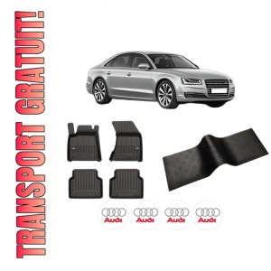 Set 5 covorase auto AUDI A8 D4 (4H2, 4H8, 4HC, 4HL) din 2008-2018, cu covoras tunel median, presuri auto din cauciuc, 4x Stickere auto cu AUDI