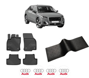 Set 5 covorase auto AUDI Q2 (GAB, GAG) din 2014-2020, cu covoras tunel median, presuri auto din cauciuc, 4x Stickere auto cu AUDI - Img 2