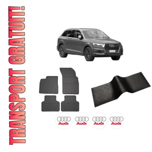 Set 5 covorase auto AUDI Q7 (4MB, 4MG, 4MQ) din 2005-2013, cu covoras tunel median, presuri auto din cauciuc, 4x Stickere auto cu AUDI