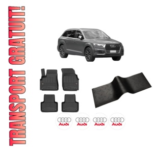 Set 5 covorase auto AUDI Q7 (4MB, 4MG, 4MQ) din 2005-2013, cu covoras tunel median, presuri auto din cauciuc, 4x Stickere auto cu AUDI