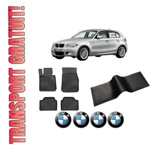 Set 5 covorase auto BMW Seria 1 (E87) din 2004-2011, cu covoras tunel median, presuri auto din cauciuc, 4x Stickere auto cu BMW