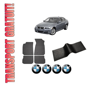 Set 5 covorase auto BMW Seria 3 (E90) din 1998-2010, cu covoras tunel median, presuri auto din cauciuc, 4x Stickere auto cu BMW