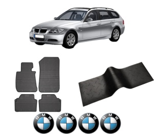 Set 5 covorase auto BMW Seria 3 Touring (E91) din 2008-2018, cu covoras tunel median, presuri auto din cauciuc, 4x Stickere auto cu BMW - Img 2
