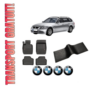 Set 5 covorase auto BMW Seria 3 Touring (E91) din 2008-2018, cu covoras tunel median, presuri auto din cauciuc, 4x Stickere auto cu BMW