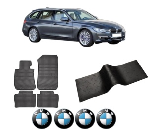 Set 5 covorase auto BMW Seria 3 Touring Van (F31) din 2016-2018, cu covoras tunel median, presuri auto din cauciuc, 4x Stickere auto cu BMW - Img 2