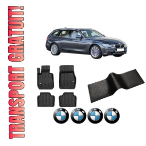 Set 5 covorase auto BMW Seria 3 Touring Van (F31) din 2016-2018, cu covoras tunel median, presuri auto din cauciuc, 4x Stickere auto cu BMW