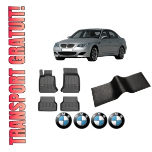 Set 5 covorase auto BMW Seria 5 (E60) din 2006-2015, cu covoras tunel median, presuri auto din cauciuc, 4x Stickere auto cu BMW