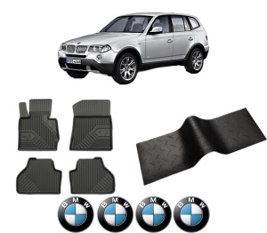 Set 5 covorase auto BMW Seria X3 (E83) din 2010-2015, cu covoras tunel median, presuri auto din cauciuc, 4x Stickere auto cu BMW - Img 2
