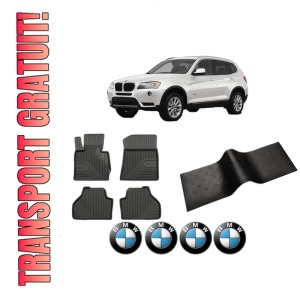 Set 5 covorase auto BMW Seria X3 (F25) din 2011-2016, cu covoras tunel median, presuri auto din cauciuc, 4x Stickere auto cu BMW