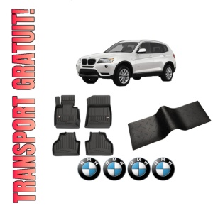 Set 5 covorase auto BMW Seria X3 (F25) din 2011-2016, cu covoras tunel median, presuri auto din cauciuc, 4x Stickere auto cu BMW