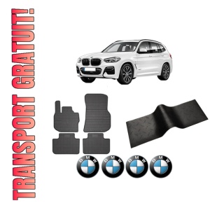 Set 5 covorase auto BMW Seria X3 (G01, F97, G08) din 2007-2015, cu covoras tunel median, presuri auto din cauciuc, 4x Stickere auto cu BMW