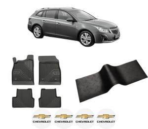 Set 5 covorase auto CHEVROLET CRUZE Station Wagon (J308) din 2004-2010, cu covoras tunel median, presuri auto din cauciuc, 4x Stickere auto cu CHEVROLET - Img 2