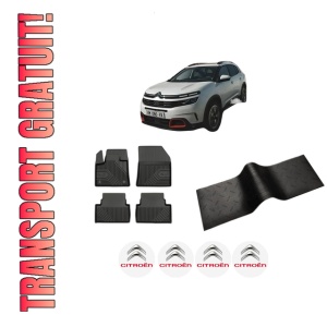 Set 5 covorase auto CITROEN C5 AIRCROSS (A_) din 2001-2006, cu covoras tunel median, presuri auto din cauciuc, 4x Stickere auto cu CITROEN