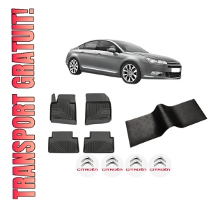 Set 5 covorase auto CITROEN C5 III (RD_) din 2016-2021, cu covoras tunel median, presuri auto din cauciuc, 4x Stickere auto cu CITROEN