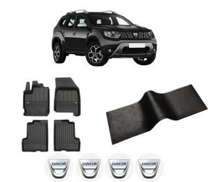 Set 5 covorase auto DACIA DUSTER (HM_) din 2016-2020, cu covoras tunel median, presuri auto din cauciuc, 4x Stickere auto cu DACIA - Img 2