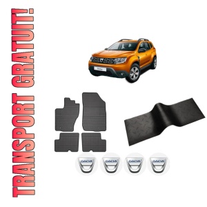 Set 5 covorase auto DACIA DUSTER SUV Van din 2006-2014, cu covoras tunel median, presuri auto din cauciuc, 4x Stickere auto cu DACIA