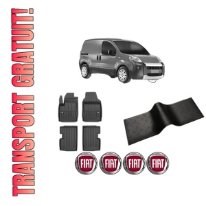 Set 5 covorase auto FIAT 500 (312_) din 2001-2005, cu covoras tunel median, presuri auto din cauciuc, 4x Stickere auto cu FIAT