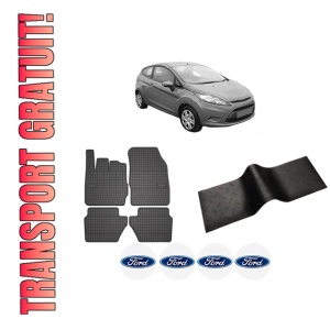 Set 5 covorase auto FORD FIESTA VI (CB1, CCN) din 2014-2022, cu covoras tunel median, presuri auto din cauciuc, 4x Stickere auto cu FORD