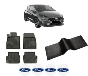Set 5 covorase auto FORD FIESTA VII (HJ, HF) din 2014-2018, cu covoras tunel median, presuri auto din cauciuc, 4x Stickere auto cu FORD - Img 2