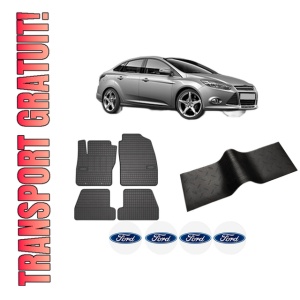 Set 5 covorase auto FORD FOCUS III Saloon din 2017-2023, cu covoras tunel median, presuri auto din cauciuc, 4x Stickere auto cu FORD