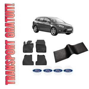 Set 5 covorase auto FORD FOCUS III Turnier din 2011-2015, cu covoras tunel median, presuri auto din cauciuc, 4x Stickere auto cu FORD
