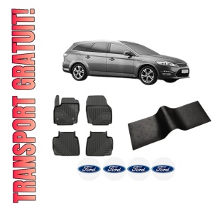Set 5 covorase auto FORD MONDEO IV Van din 2004-2012, cu covoras tunel median, presuri auto din cauciuc, 4x Stickere auto cu FORD