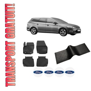 Set 5 covorase auto FORD MONDEO IV Van din 2004-2012, cu covoras tunel median, presuri auto din cauciuc, 4x Stickere auto cu FORD
