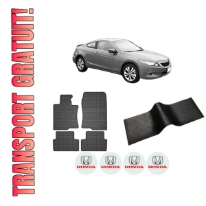 Set 5 covorase auto HONDA ACCORD VIII (CP) din 2007-2014, cu covoras tunel median, presuri auto din cauciuc, 4x Stickere auto cu HONDA
