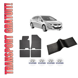 Set 5 covorase auto HYUNDAI i40 I CW (VF) din 2008-2017, cu covoras tunel median, presuri auto din cauciuc, 4x Stickere auto cu HYUNDAI