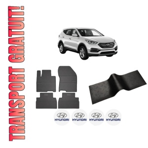 Set 5 covorase auto HYUNDAI SANTA FE IV (TM, TMA) din 2010-2018, cu covoras tunel median, presuri auto din cauciuc, 4x Stickere auto cu HYUNDAI