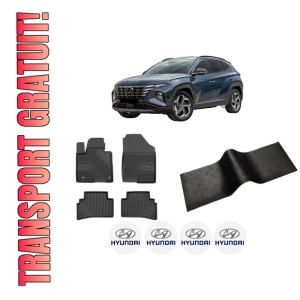 Set 5 covorase auto HYUNDAI TUCSON (NX4E, NX4A) din 2006-2014, cu covoras tunel median, presuri auto din cauciuc, 4x Stickere auto cu HYUNDAI
