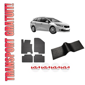 Set 5 covorase auto KIA CEE'D Sportswagon (JD) din 2008-2015, cu covoras tunel median, presuri auto din cauciuc, 4x Stickere auto cu KIA
