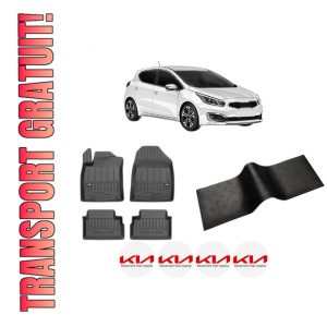 Set 5 covorase auto KIA CEED (CD) din 2006-2014, cu covoras tunel median, presuri auto din cauciuc, 4x Stickere auto cu KIA