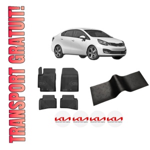 Set 5 covorase auto KIA RIO III Saloon (UB) din 2016-2018, cu covoras tunel median, presuri auto din cauciuc, 4x Stickere auto cu KIA