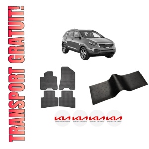 Set 5 covorase auto KIA SPORTAGE III (SL) din 2010-2023, cu covoras tunel median, presuri auto din cauciuc, 4x Stickere auto cu KIA