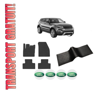 Set 5 covorase auto LAND ROVER RANGE ROVER EVOQUE (L538) din 2019-2021, cu covoras tunel median, presuri auto din cauciuc, 4x Stickere auto cu LAND ROVER