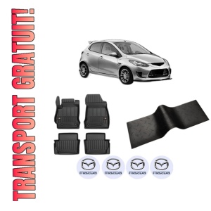 Set 5 covorase auto MAZDA 2 (DE_, DH_) din 2007-2018, cu covoras tunel median, presuri auto din cauciuc, 4x Stickere auto cu MAZDA